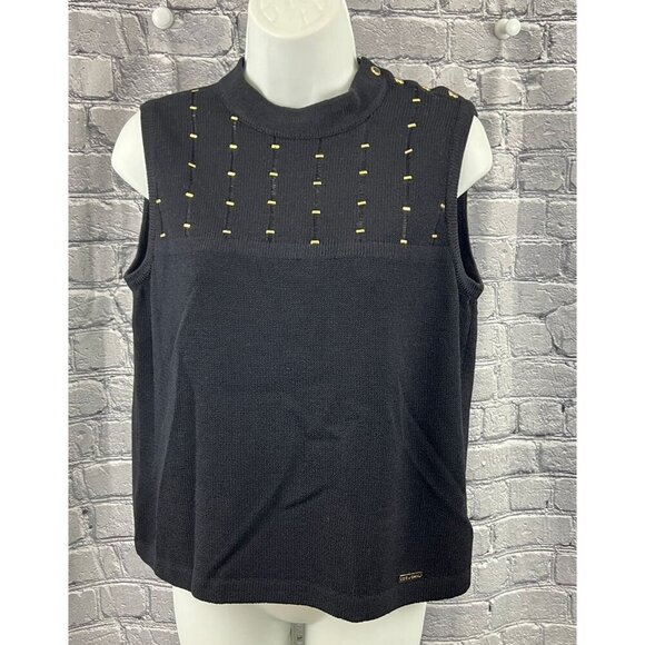 St. John Tops - St John Black Santana Knit Sleeveless Shell Tank Blouse  M paillettes Snap Neck